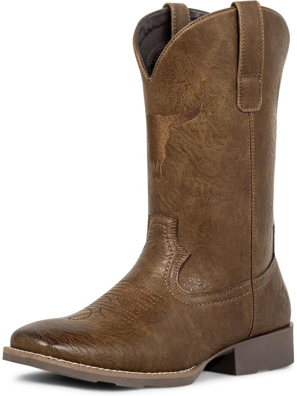 Men’s Brown Wide Square Toe Cowboy Boots Embroidered Western Pull On Boots